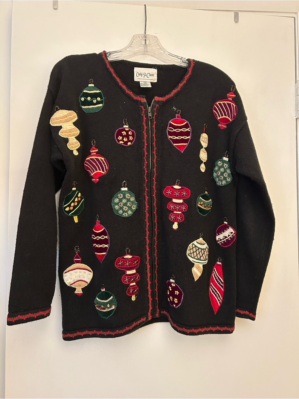 Carly St. Claire Black Holiday Ornament Zip Cardigan Sweater